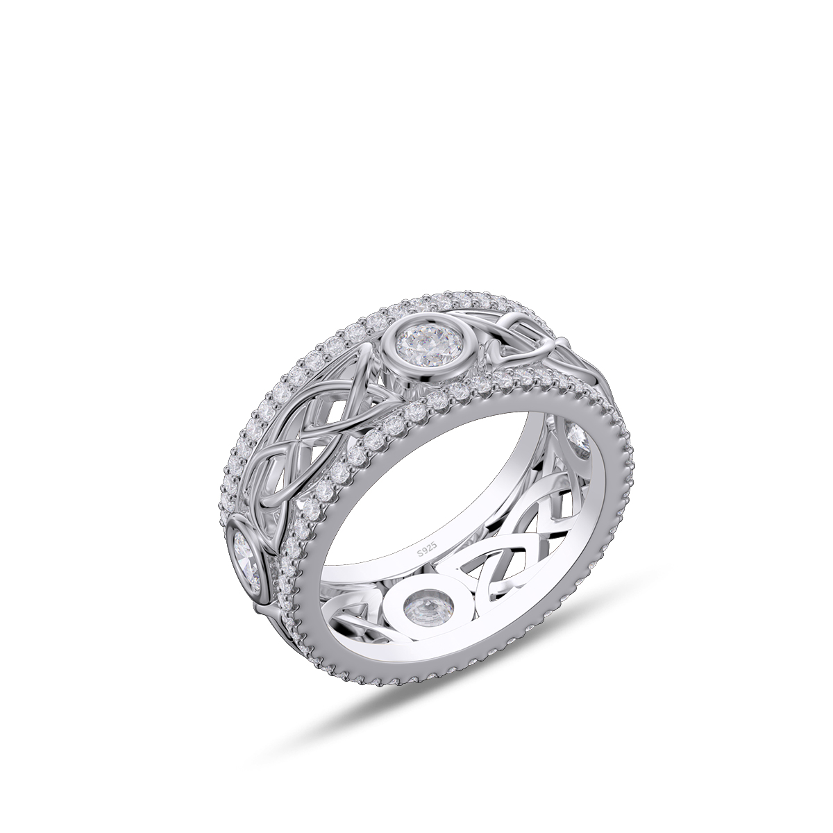 Round Cut Diamond White Sterling Silver Celtic Knot Wedding Ring