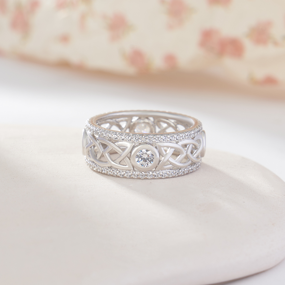 Round Cut Diamond White Sterling Silver Celtic Knot Wedding Ring