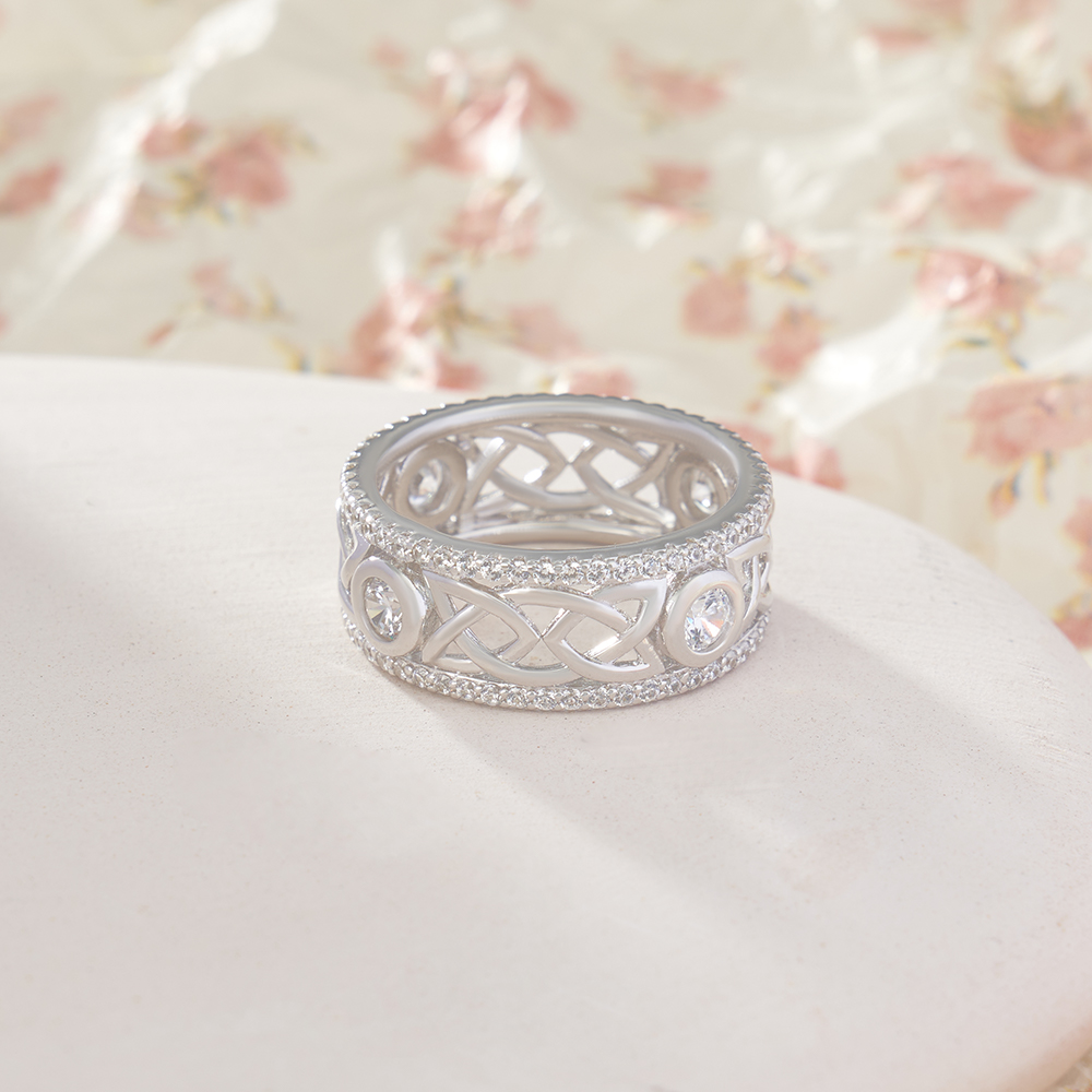 Round Cut Diamond White Sterling Silver Celtic Knot Wedding Ring