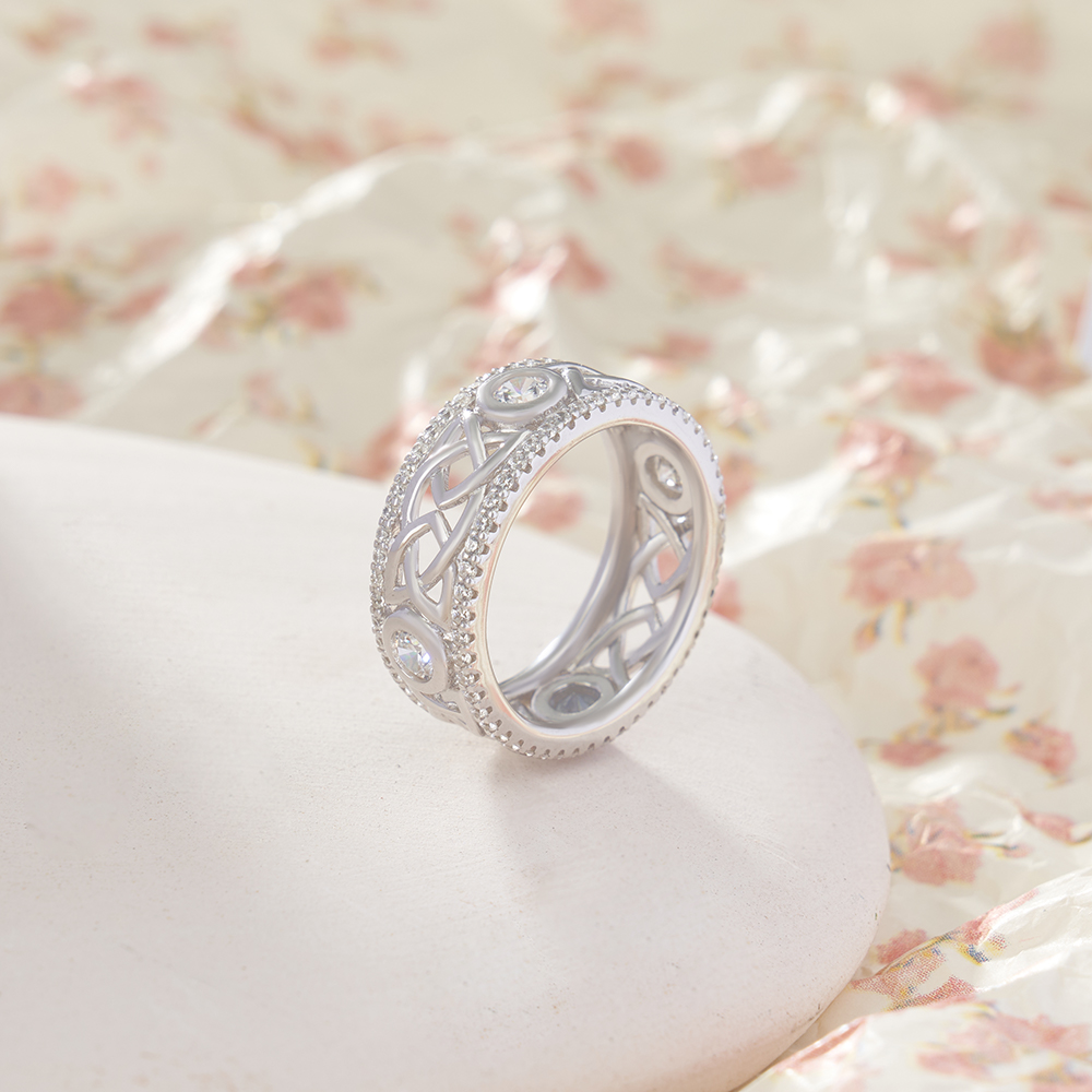 Round Cut Diamond White Sterling Silver Celtic Knot Wedding Ring