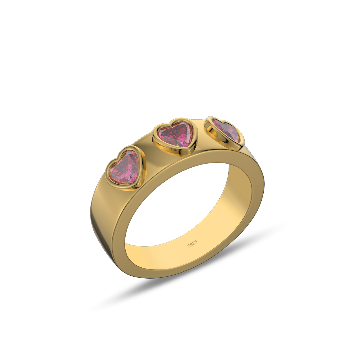 Three Heart Cut Ruby Red Sterling Silver Bezel Promise Ring