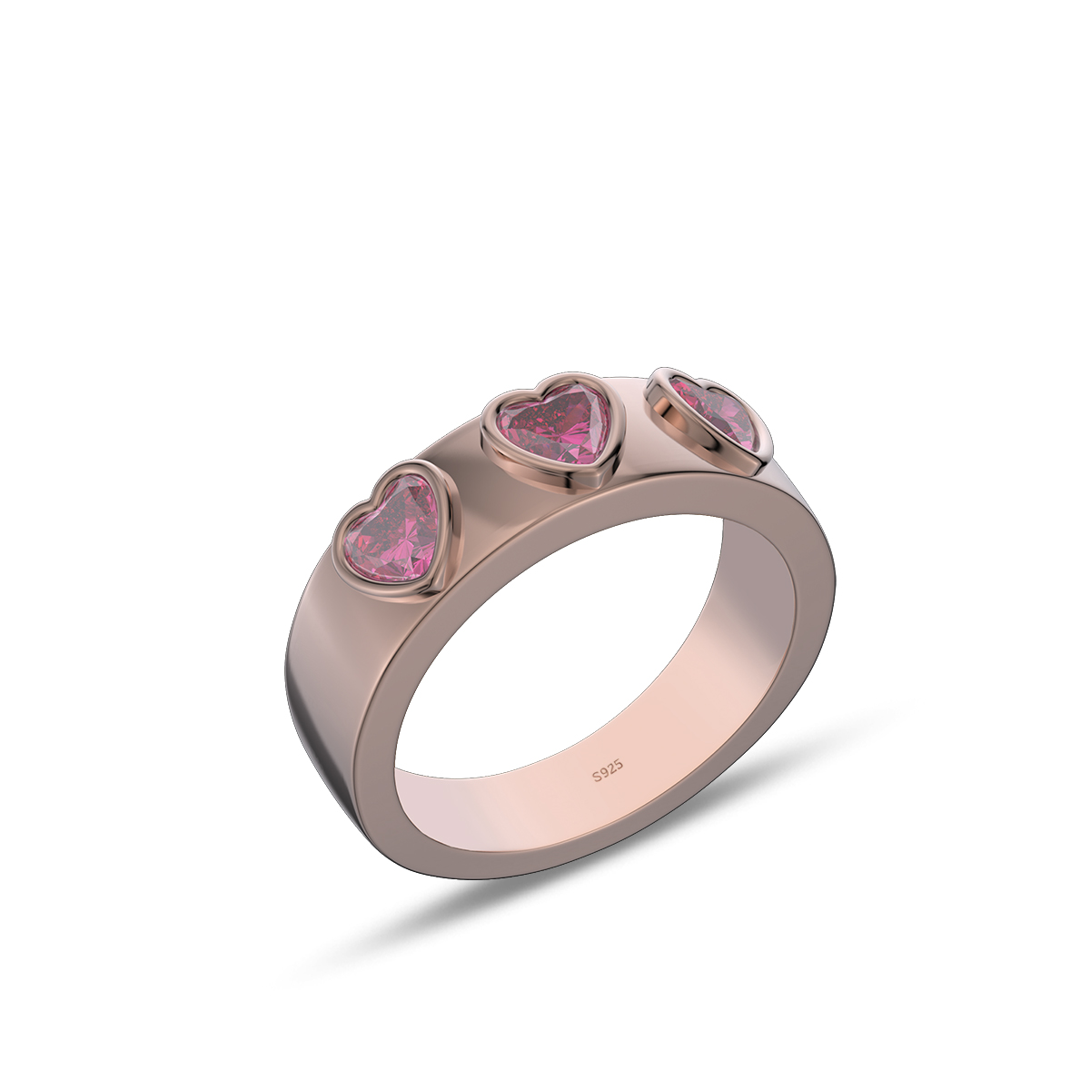 Three Heart Cut Ruby Red Sterling Silver Bezel Promise Ring