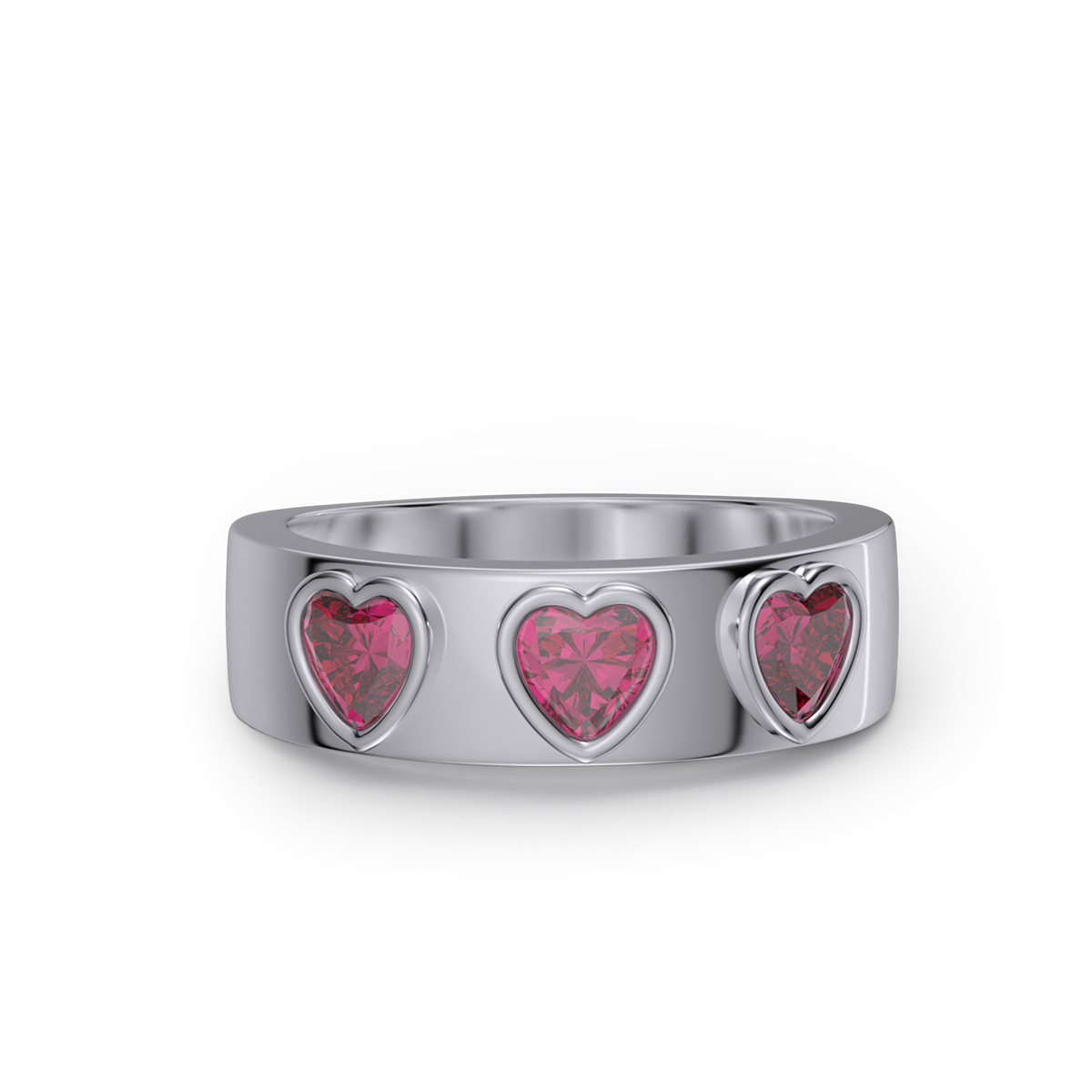 Three Heart Cut Ruby Red Sterling Silver Bezel Promise Ring