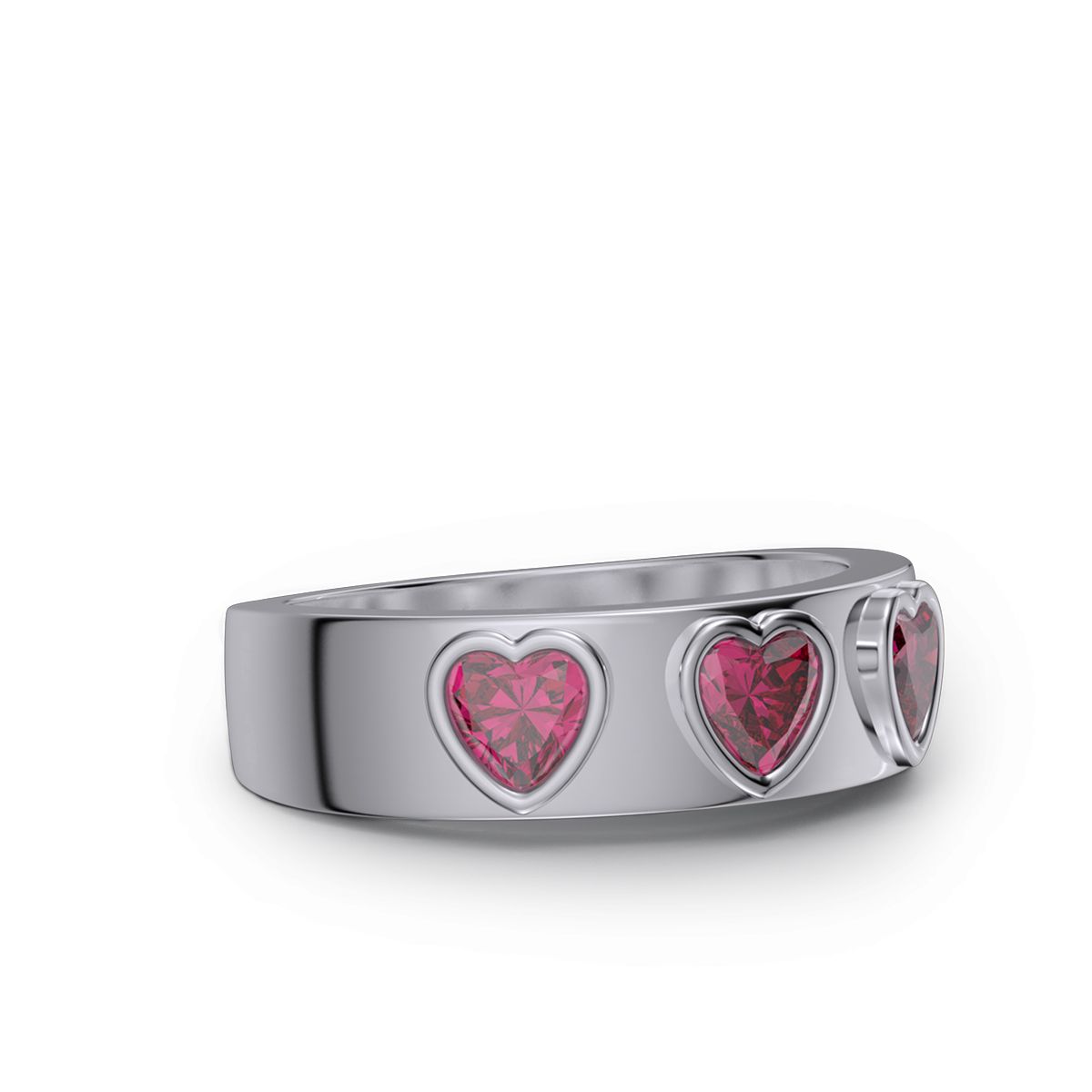 Three Heart Cut Ruby Red Sterling Silver Bezel Promise Ring