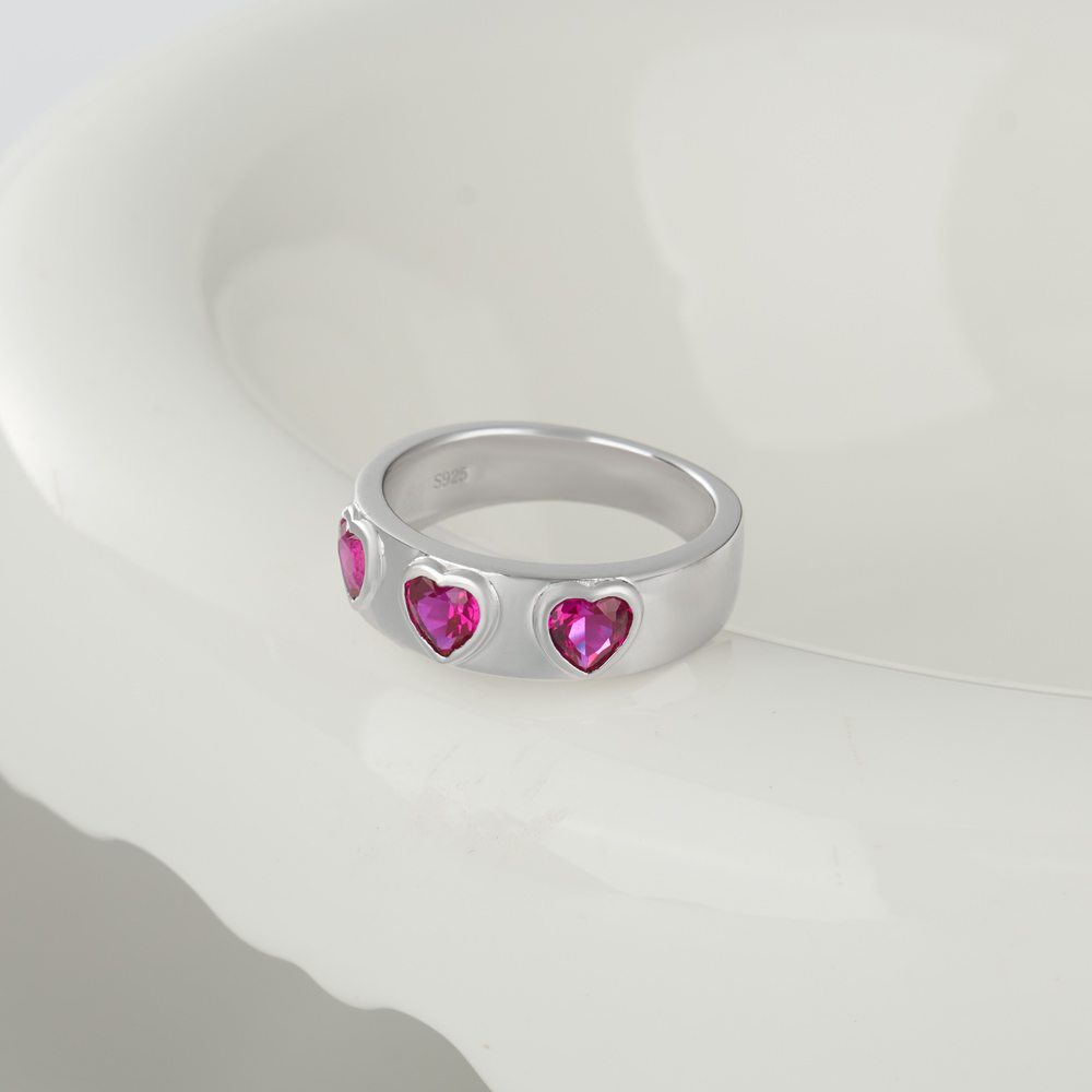 Three Heart Cut Ruby Red Sterling Silver Bezel Promise Ring