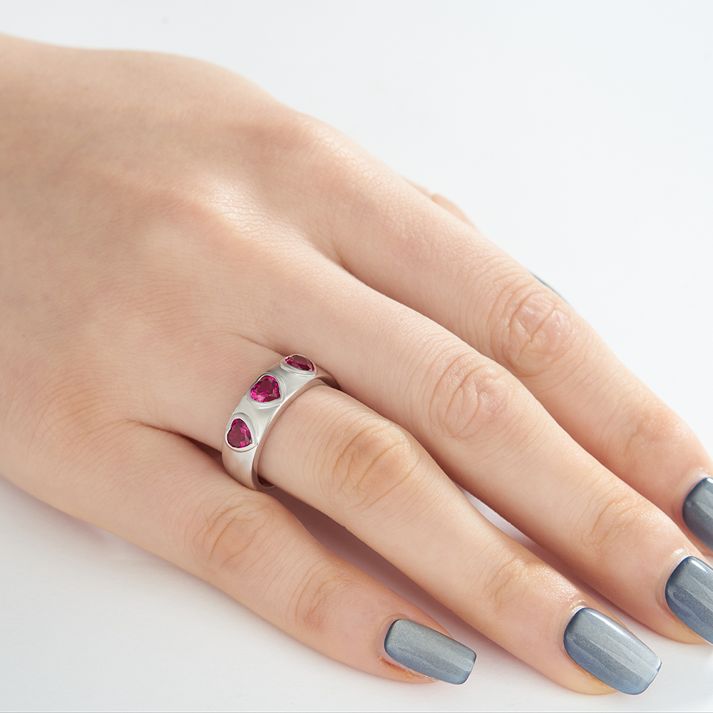 Three Heart Cut Ruby Red Sterling Silver Bezel Promise Ring