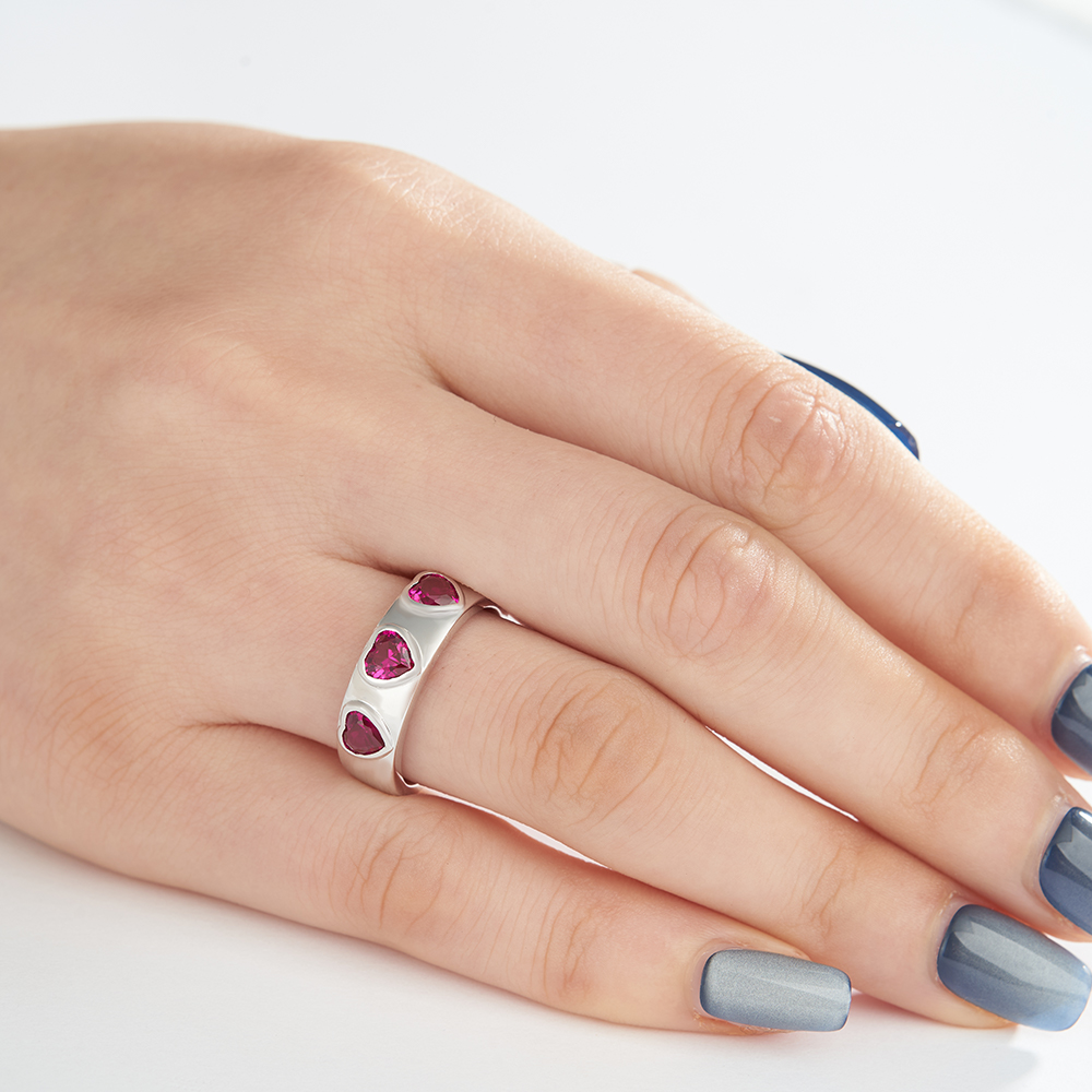Three Heart Cut Ruby Red Sterling Silver Bezel Promise Ring