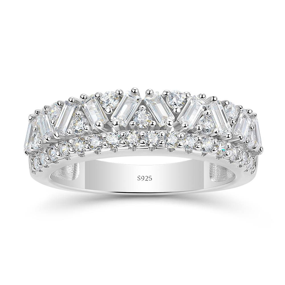 Baguette and Round Cut Two-Row Diamond White Sterling Silver Ring