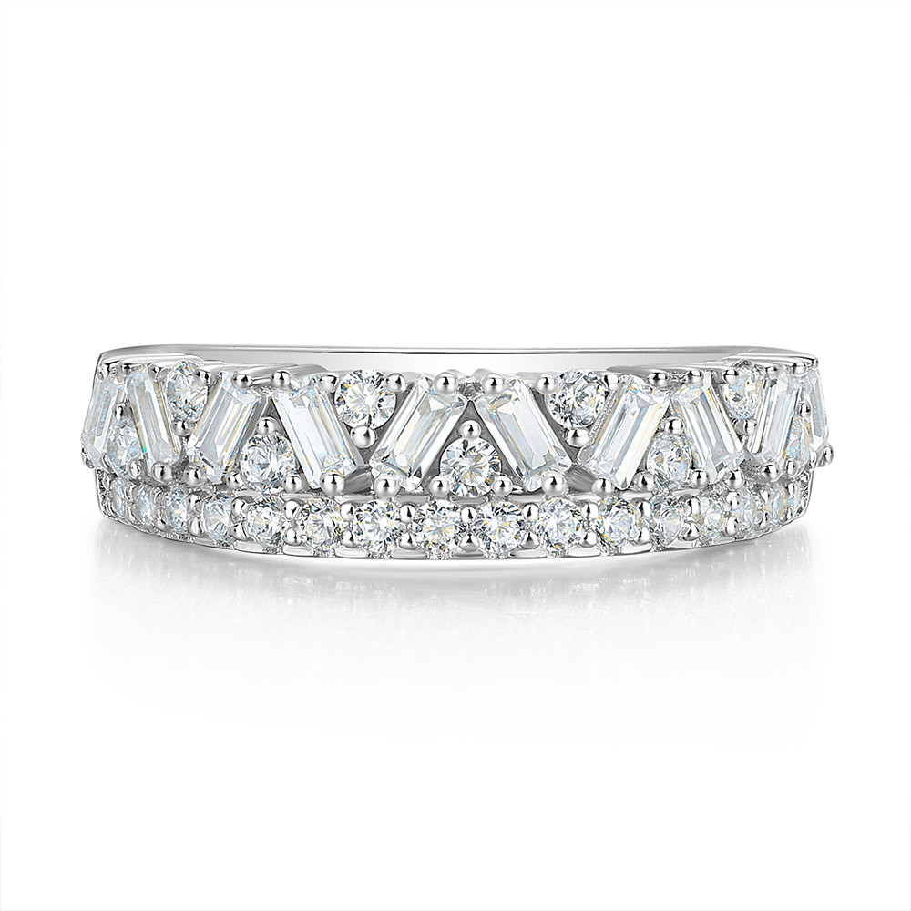 Baguette and Round Cut Two-Row Diamond White Sterling Silver Ring