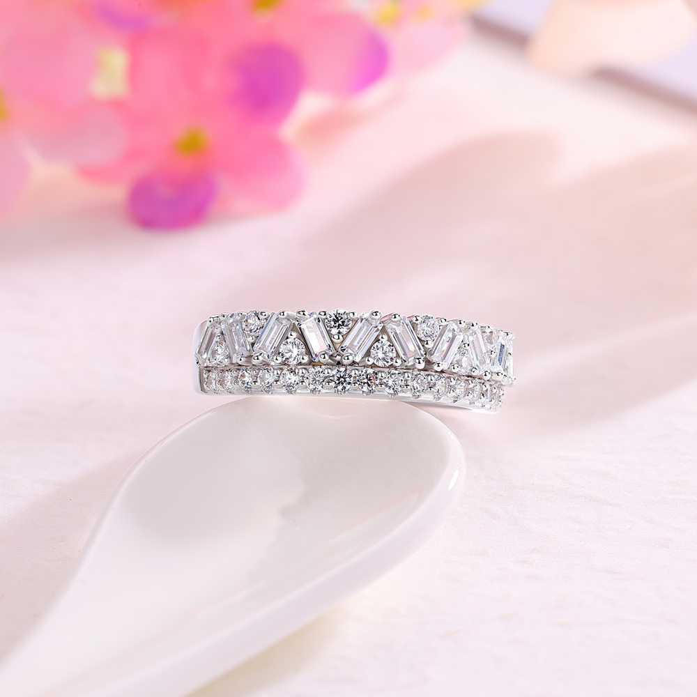 Baguette and Round Cut Two-Row Diamond White Sterling Silver Ring