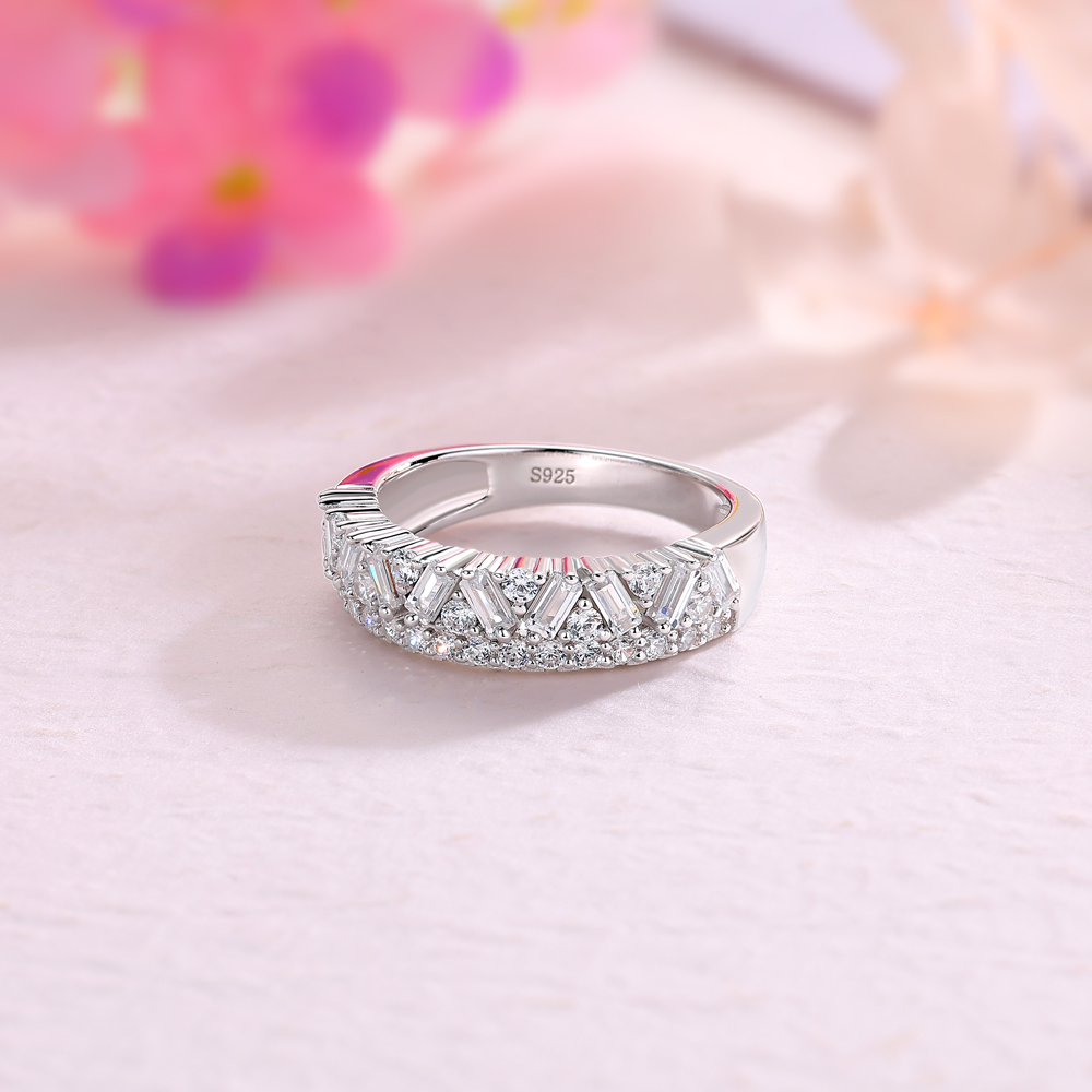 Baguette and Round Cut Two-Row Diamond White Sterling Silver Ring