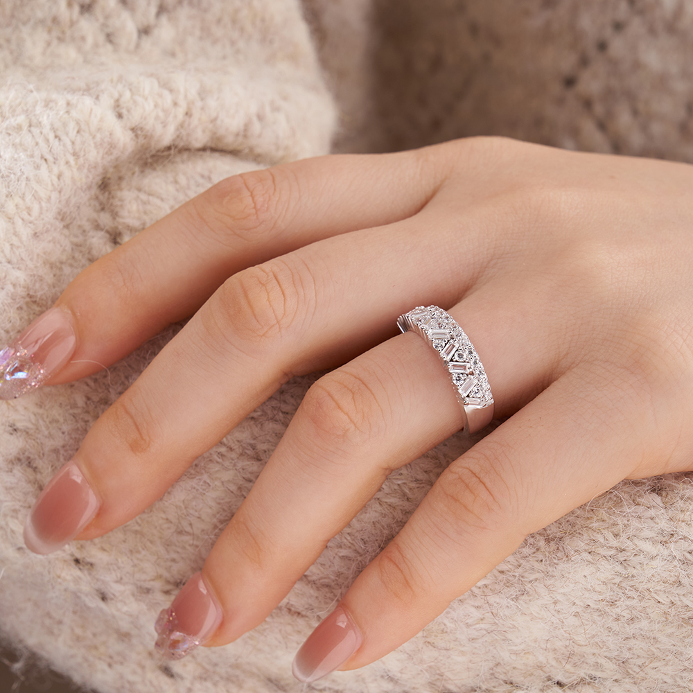 Baguette and Round Cut Two-Row Diamond White Sterling Silver Ring