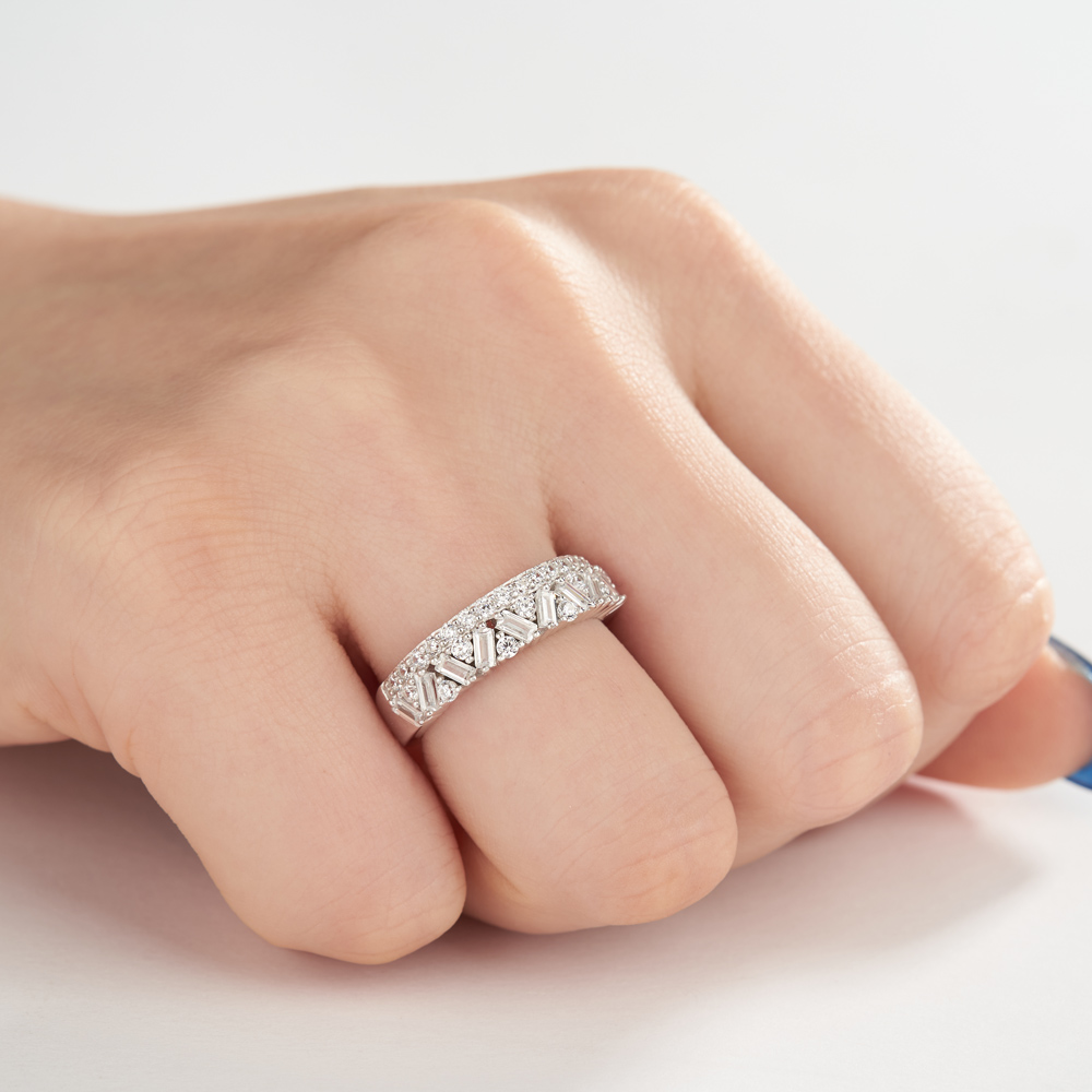 Baguette and Round Cut Two-Row Diamond White Sterling Silver Ring