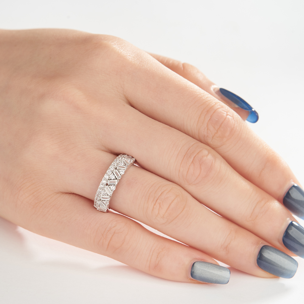 Baguette and Round Cut Two-Row Diamond White Sterling Silver Ring