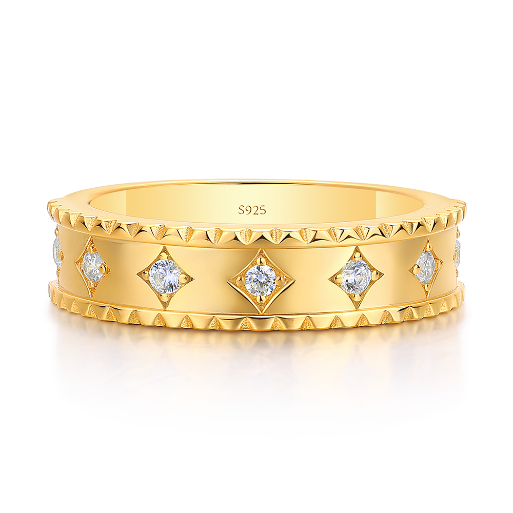 Vintage Geometric Round Cut Diamond White Sterling Silver Yellow Gold Wedding Ring