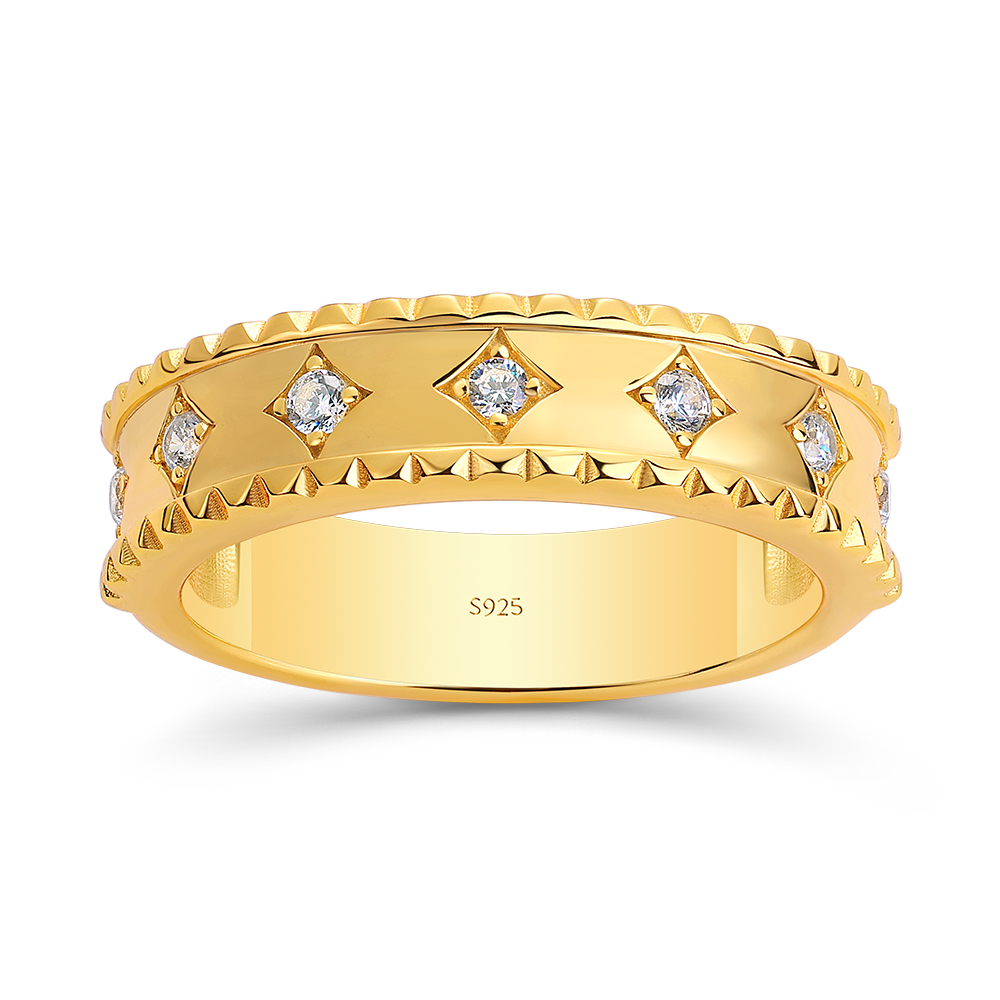 Vintage Geometric Round Cut Diamond White Sterling Silver Yellow Gold Wedding Ring