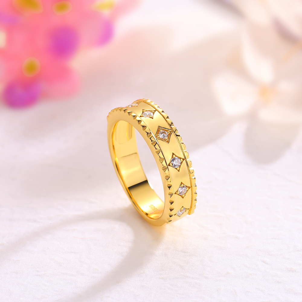 Vintage Geometric Round Cut Diamond White Sterling Silver Yellow Gold Wedding Ring