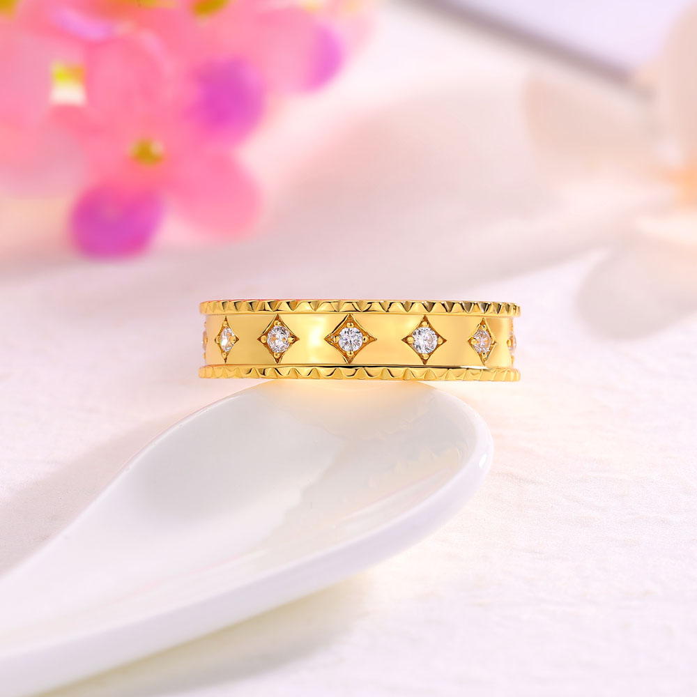 Vintage Geometric Round Cut Diamond White Sterling Silver Yellow Gold Wedding Ring