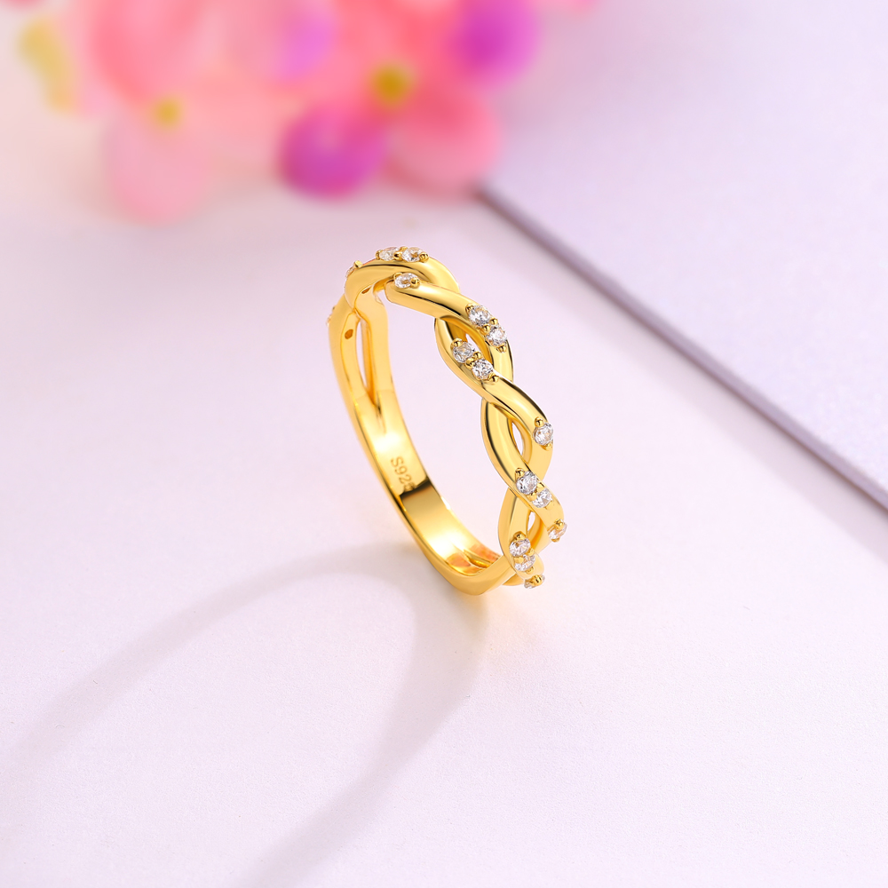 Round Cut Diamond White Sterling Silver Twisted Yellow Gold Wedding Ring