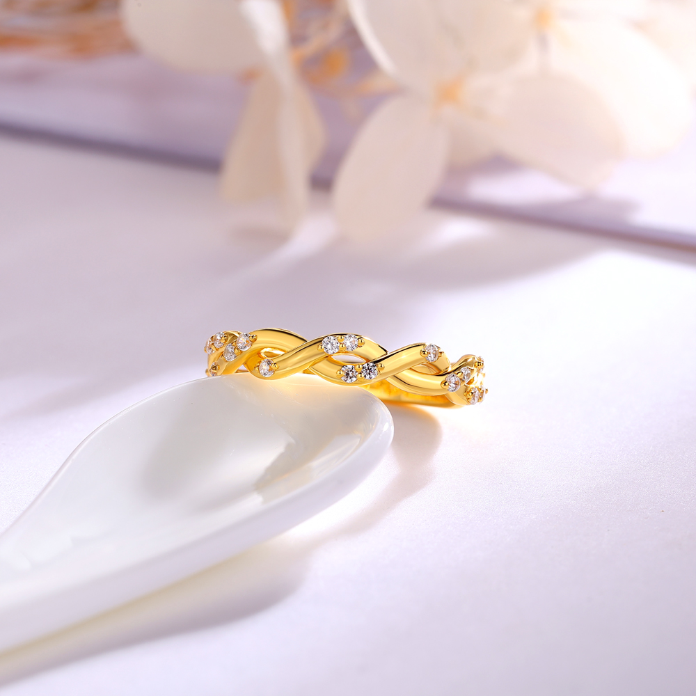 Round Cut Diamond White Sterling Silver Twisted Yellow Gold Wedding Ring