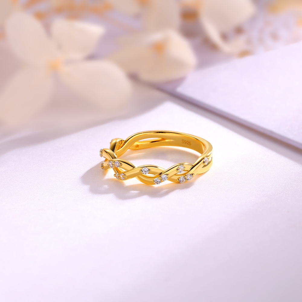 Round Cut Diamond White Sterling Silver Twisted Yellow Gold Wedding Ring