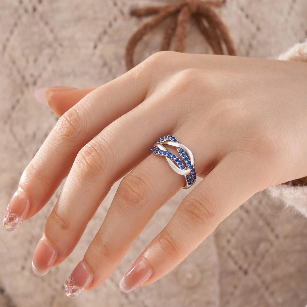 Round Cut Sapphire Blue Sterling Silver Intertwined Band Promise Ring