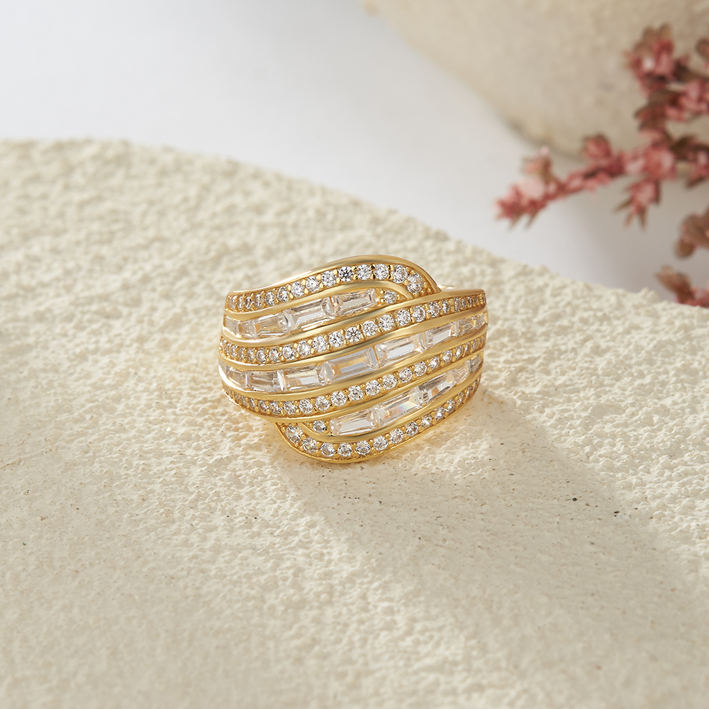 Baguette Cut Diamond White Yellow Gold Sterling Silver Art Deco Band Ring