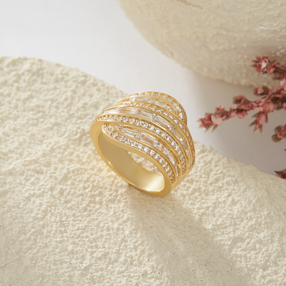 Baguette Cut Diamond White Yellow Gold Sterling Silver Art Deco Band Ring