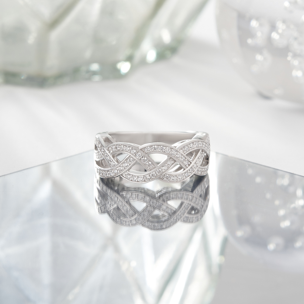 Round Cut Diamond White Sterling Silver Intertwined Wedding Ring
