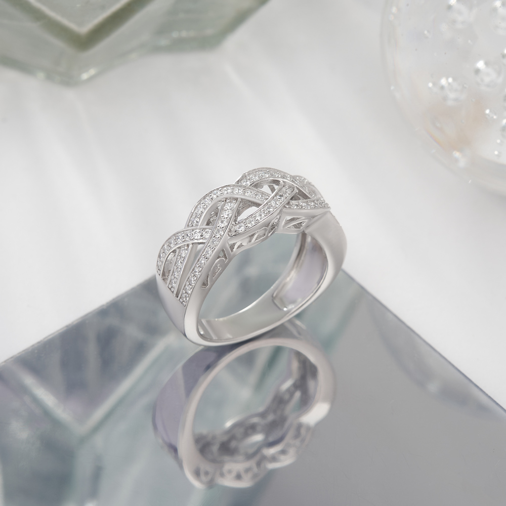 Round Cut Diamond White Sterling Silver Intertwined Wedding Ring