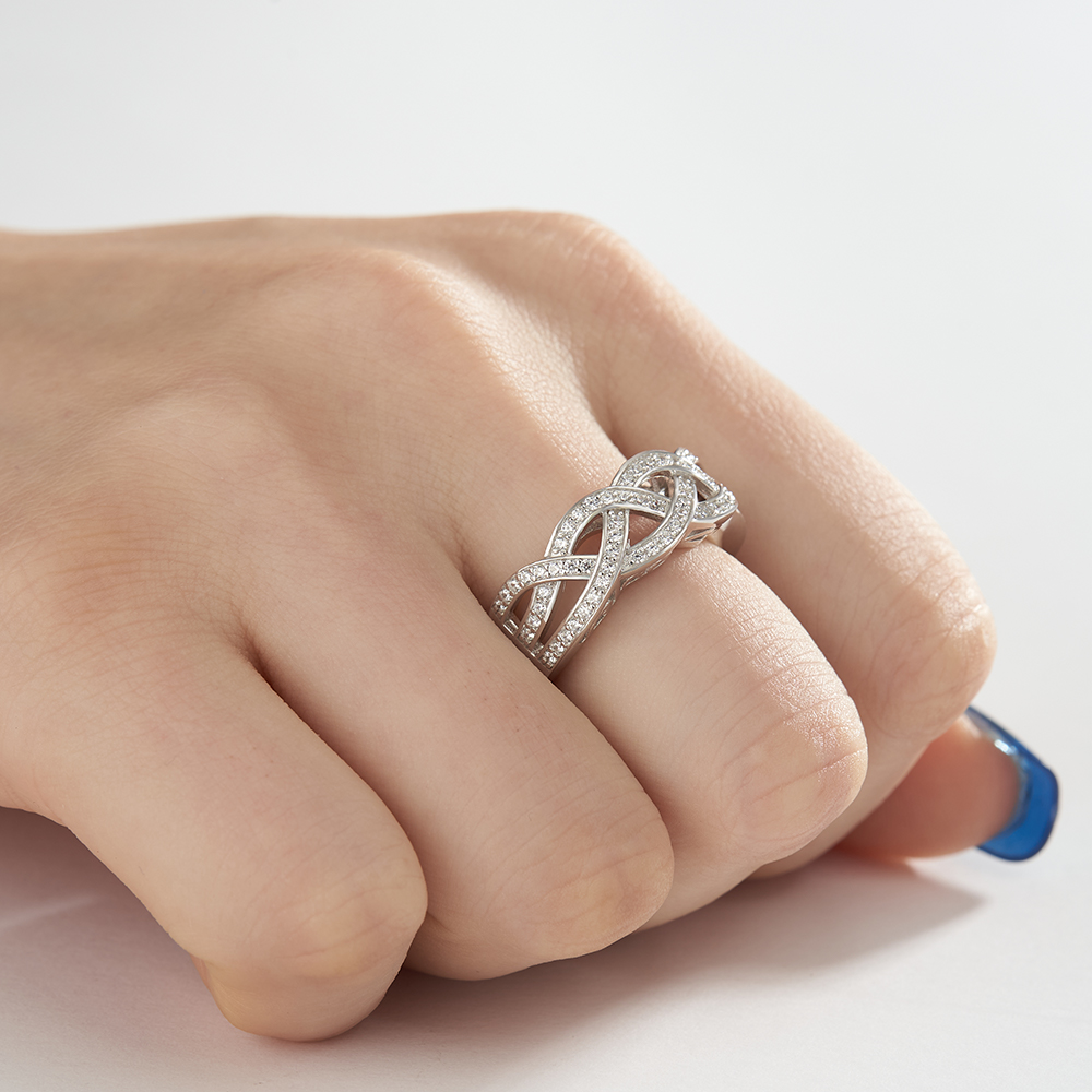 Round Cut Diamond White Sterling Silver Intertwined Wedding Ring