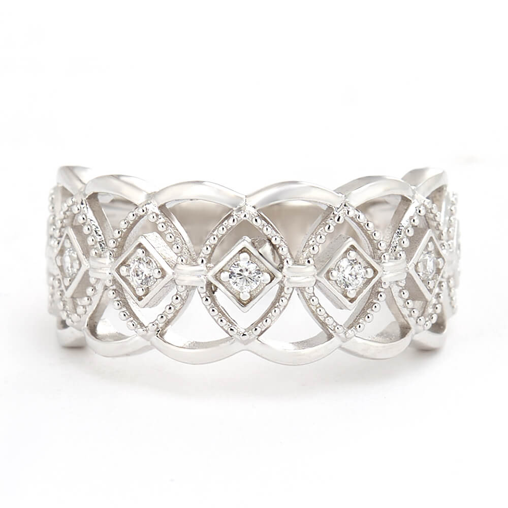 Round Cut Diamond White 925 Sterling Silver Openwork Wedding Ring