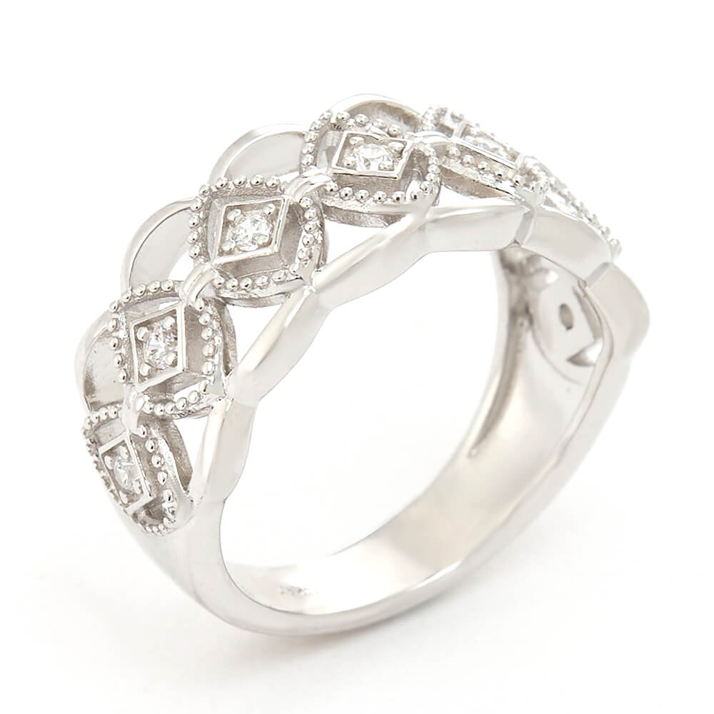 Round Cut Diamond White 925 Sterling Silver Openwork Wedding Ring