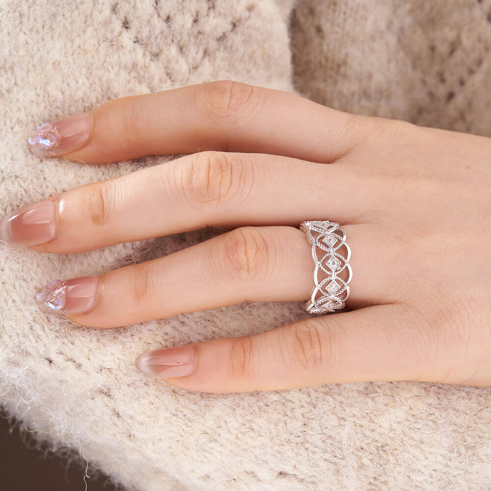 Round Cut Diamond White 925 Sterling Silver Openwork Wedding Ring