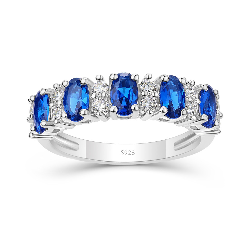 Oval Cut Sapphire Blue 925 Sterling Silver Five-Stone Wedding Ring