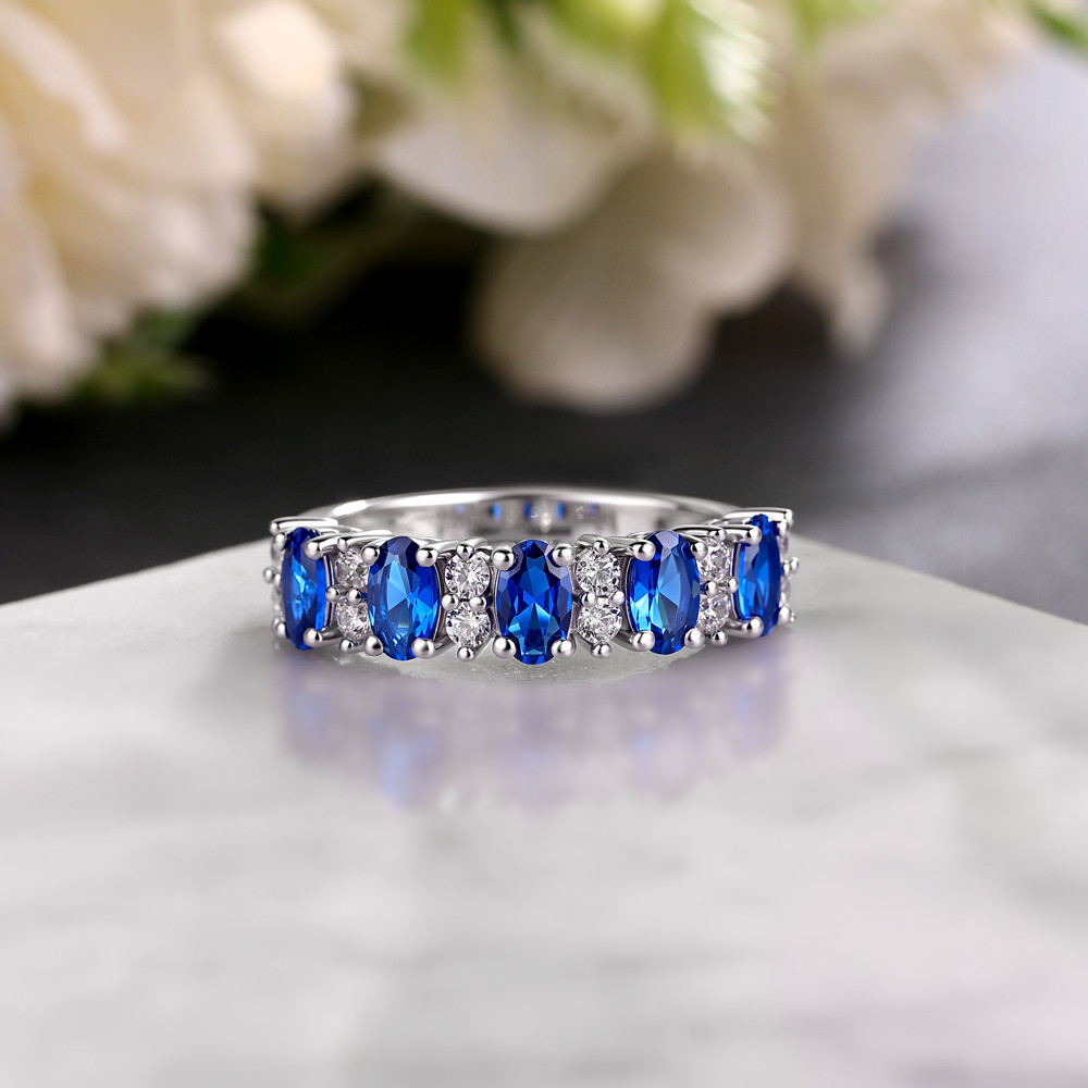 Oval Cut Sapphire Blue 925 Sterling Silver Five-Stone Wedding Ring