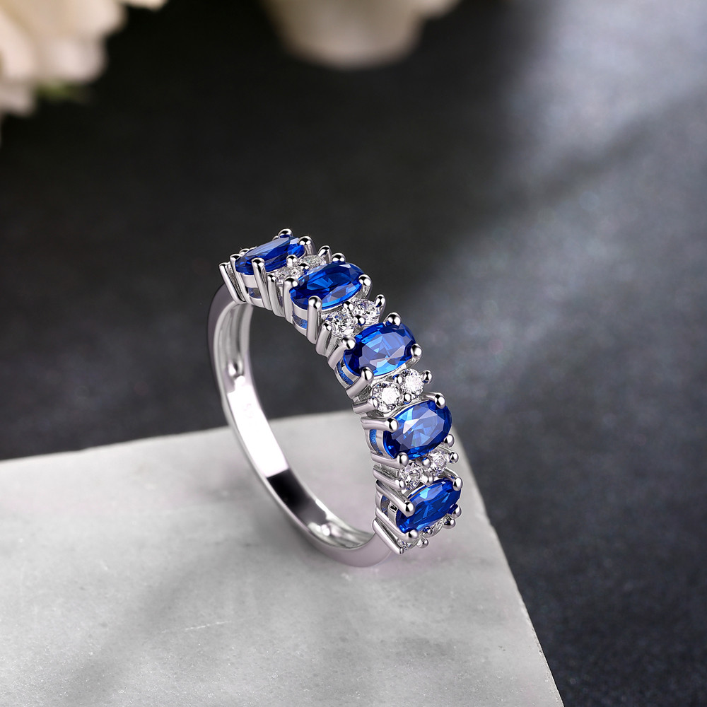 Oval Cut Sapphire Blue 925 Sterling Silver Five-Stone Wedding Ring