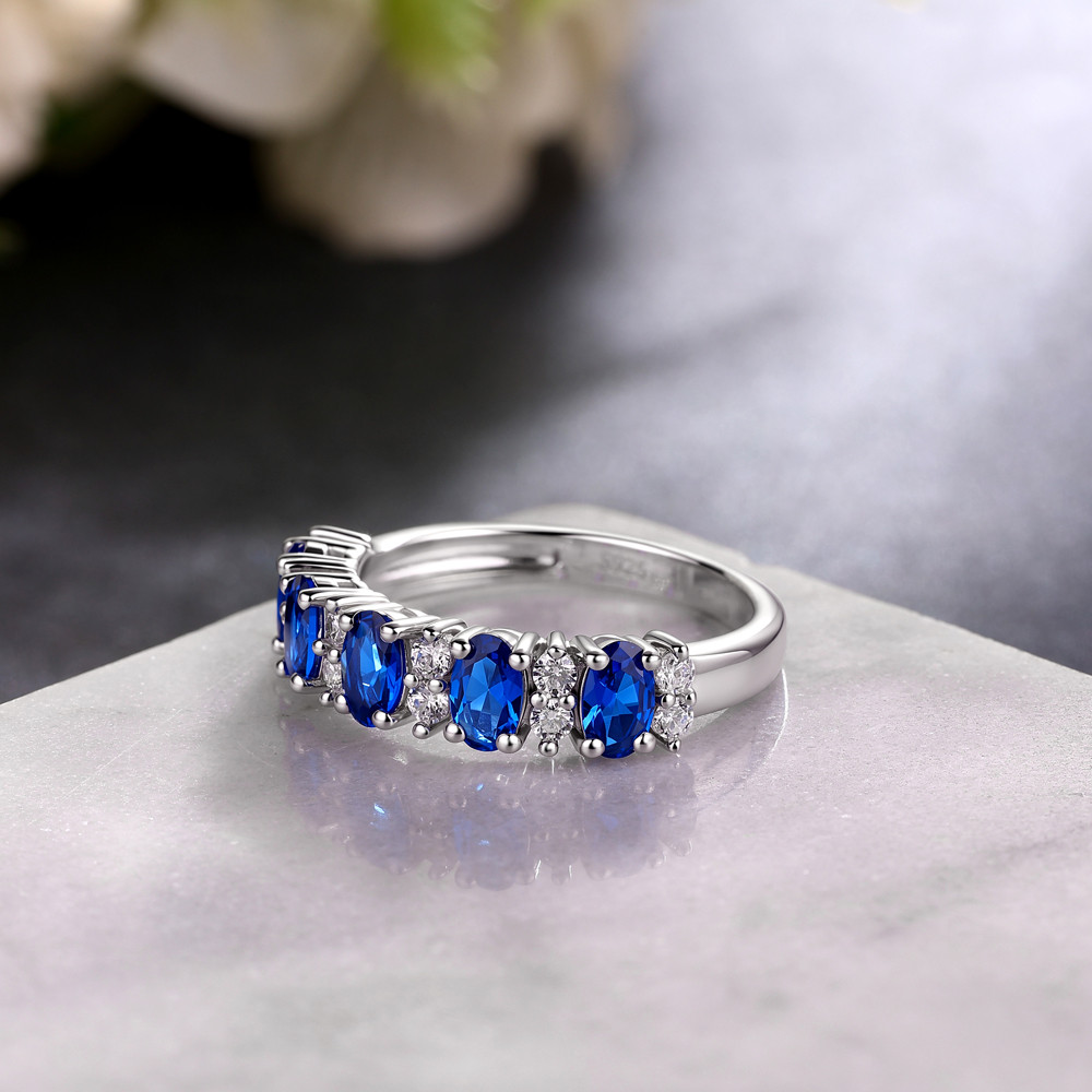 Oval Cut Sapphire Blue 925 Sterling Silver Five-Stone Wedding Ring