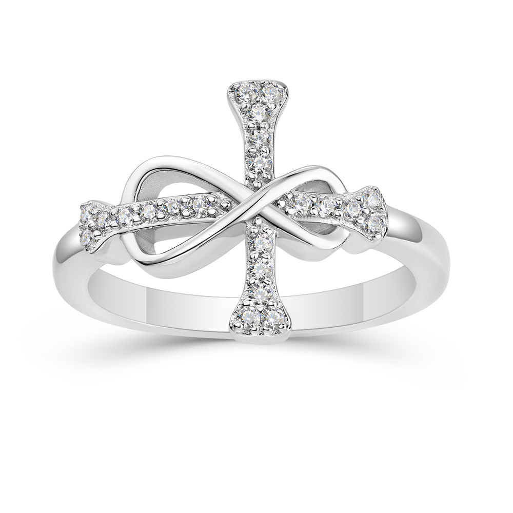 Round Cut Diamond White 925 Sterling Silver Cross Infinity Wedding Ring