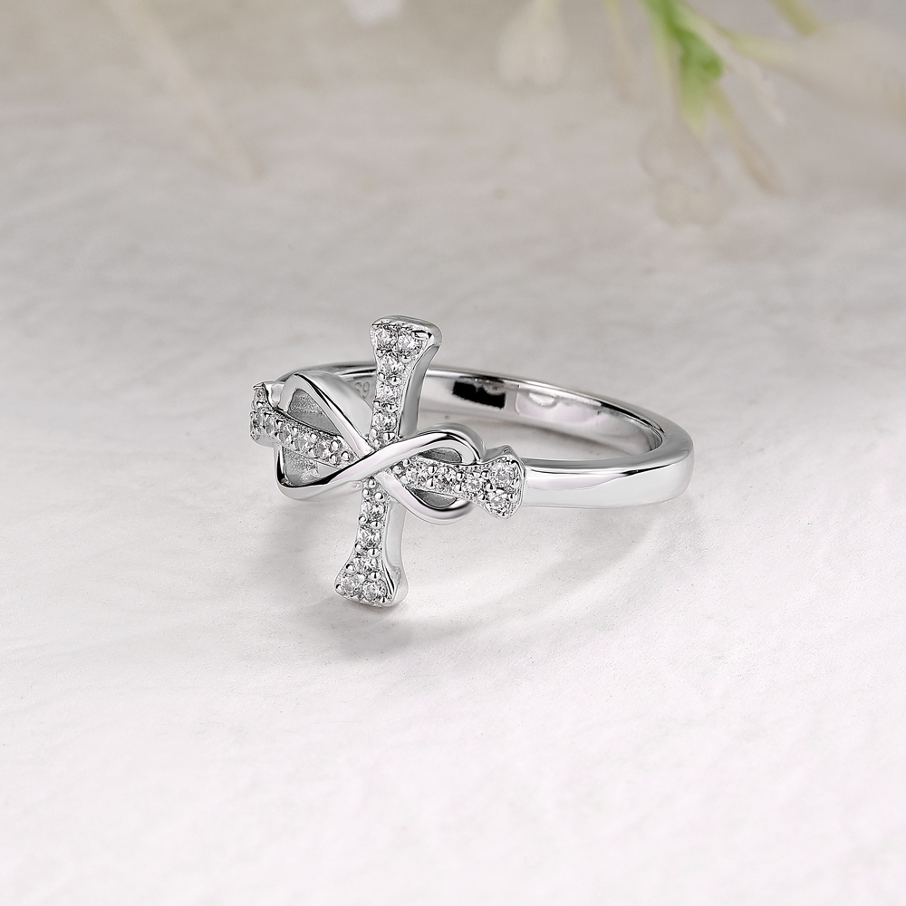Round Cut Diamond White 925 Sterling Silver Cross Infinity Wedding Ring