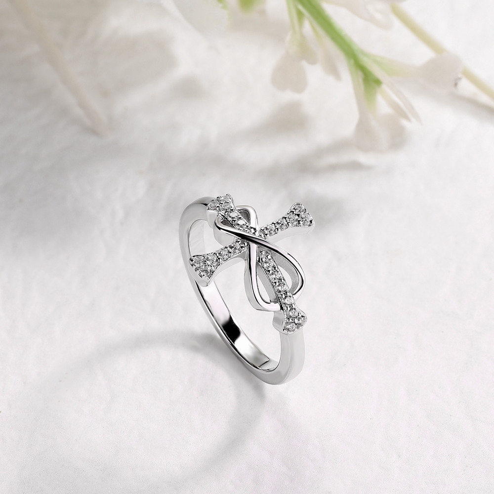 Round Cut Diamond White 925 Sterling Silver Cross Infinity Wedding Ring