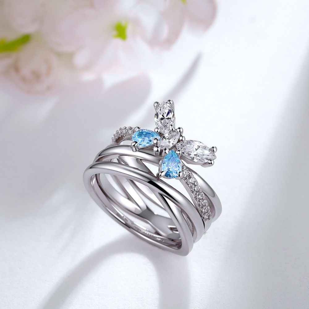 Marquise and Pear Cut Diamond White Aquamarine 925 Sterling Silver Intertwined Wedding Ring
