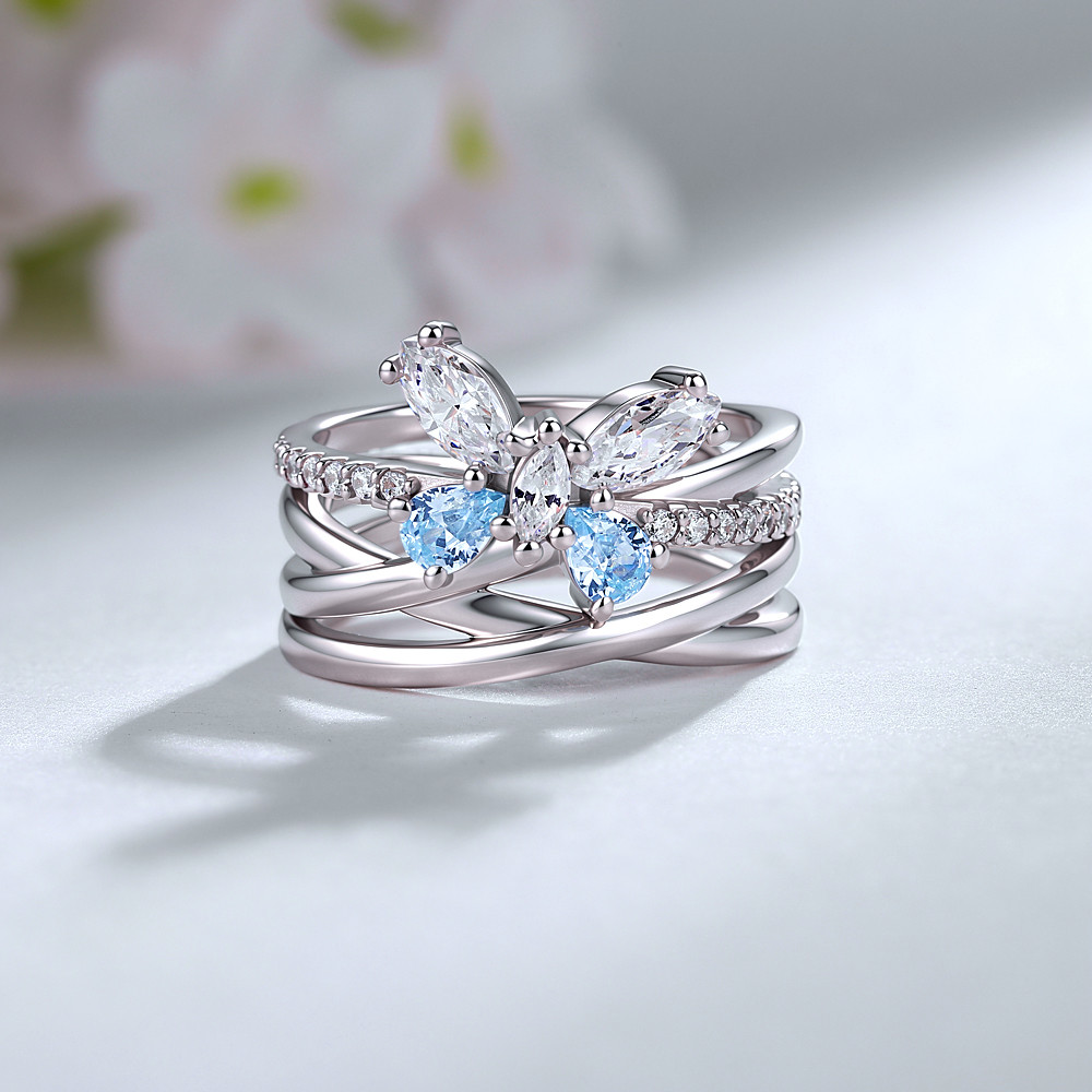 Marquise and Pear Cut Diamond White Aquamarine 925 Sterling Silver Intertwined Wedding Ring