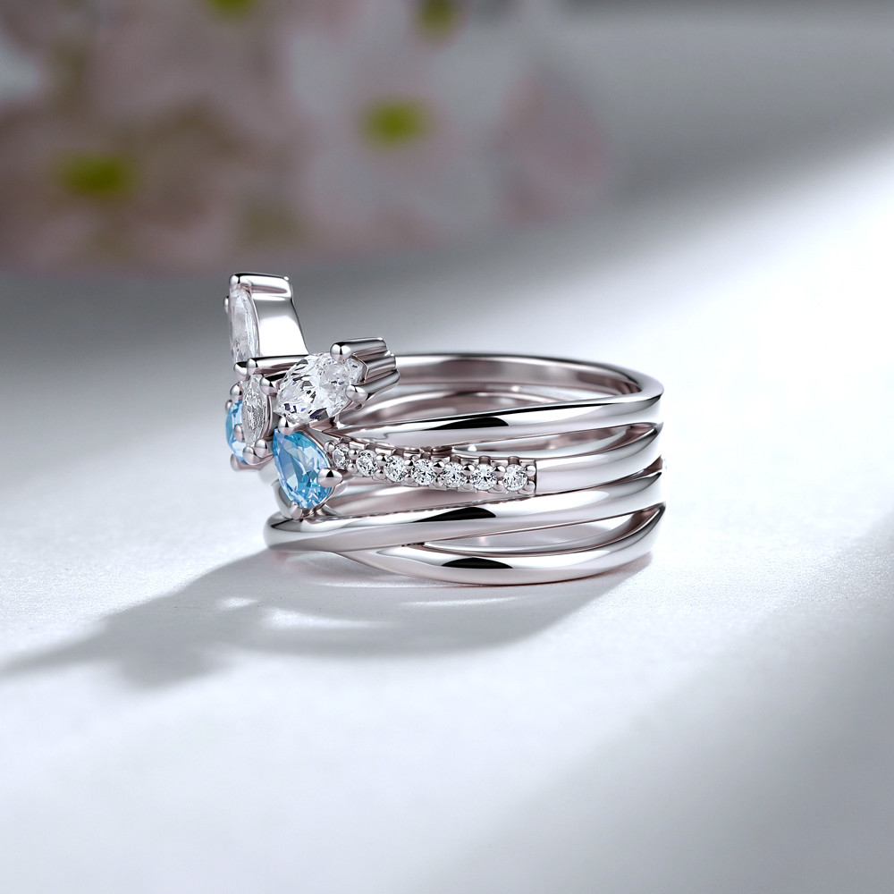 Marquise and Pear Cut Diamond White Aquamarine 925 Sterling Silver Intertwined Wedding Ring