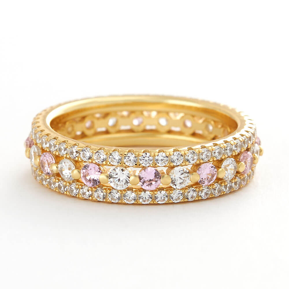 Round Cut Pink and Diamond White 925 Sterling Silver Yellow Gold Wedding Ring