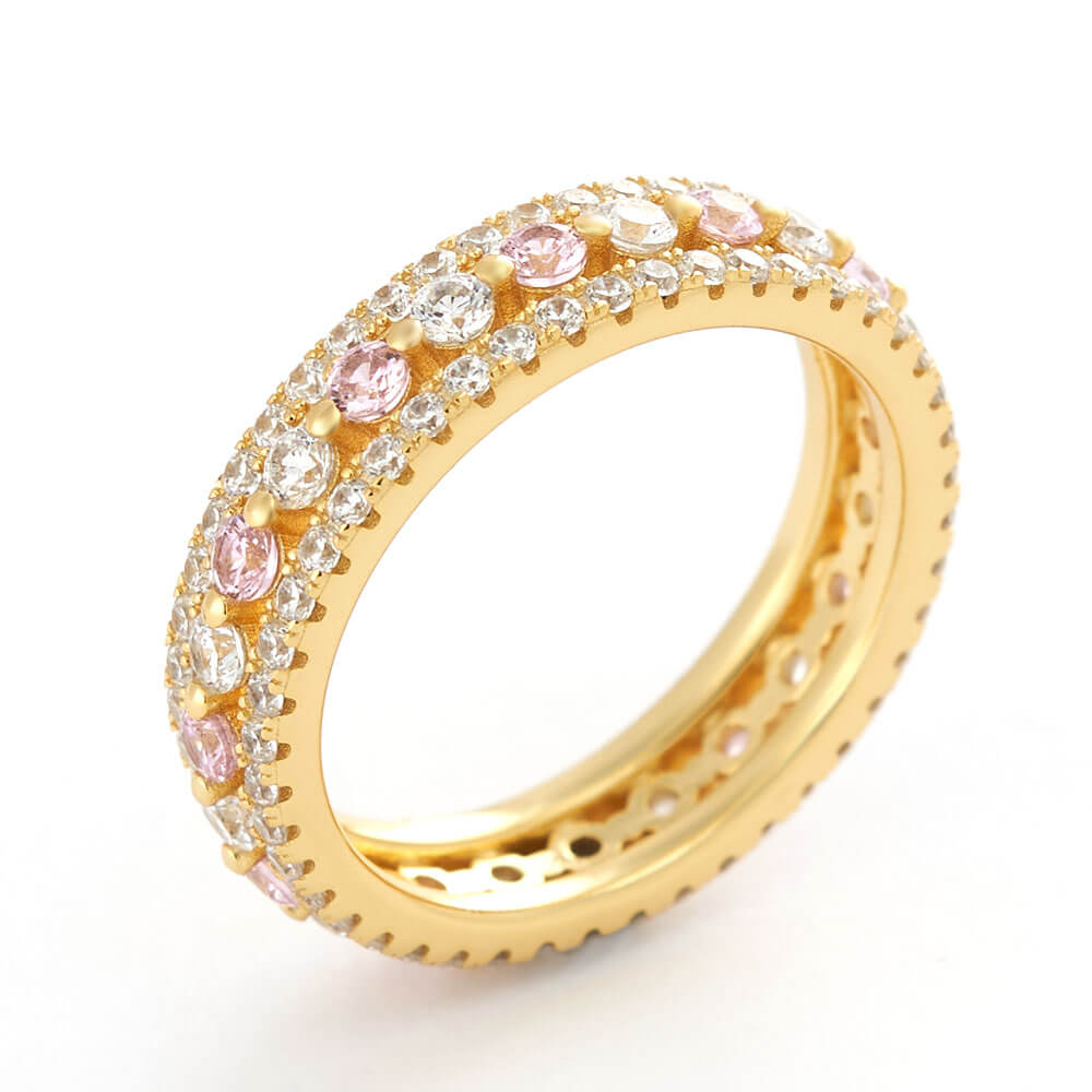 Round Cut Pink and Diamond White 925 Sterling Silver Yellow Gold Wedding Ring