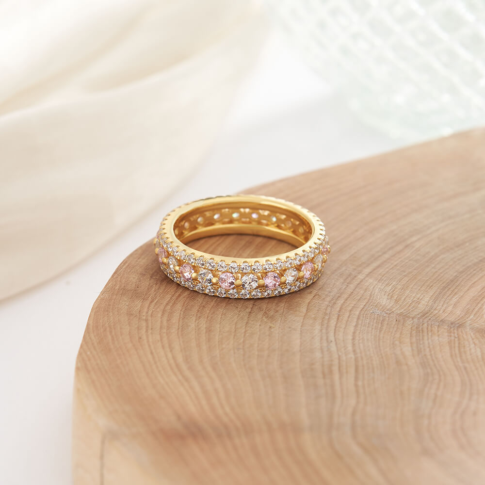 Round Cut Pink and Diamond White 925 Sterling Silver Yellow Gold Wedding Ring