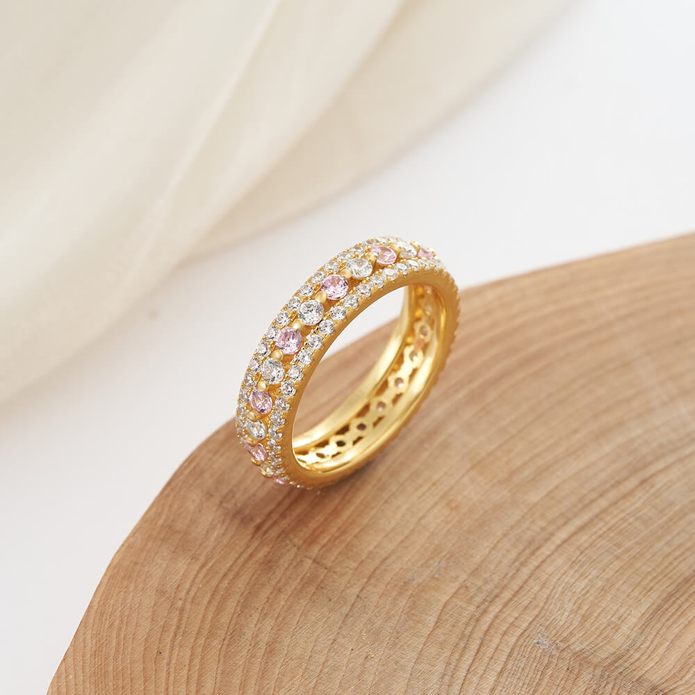 Round Cut Pink and Diamond White 925 Sterling Silver Yellow Gold Wedding Ring