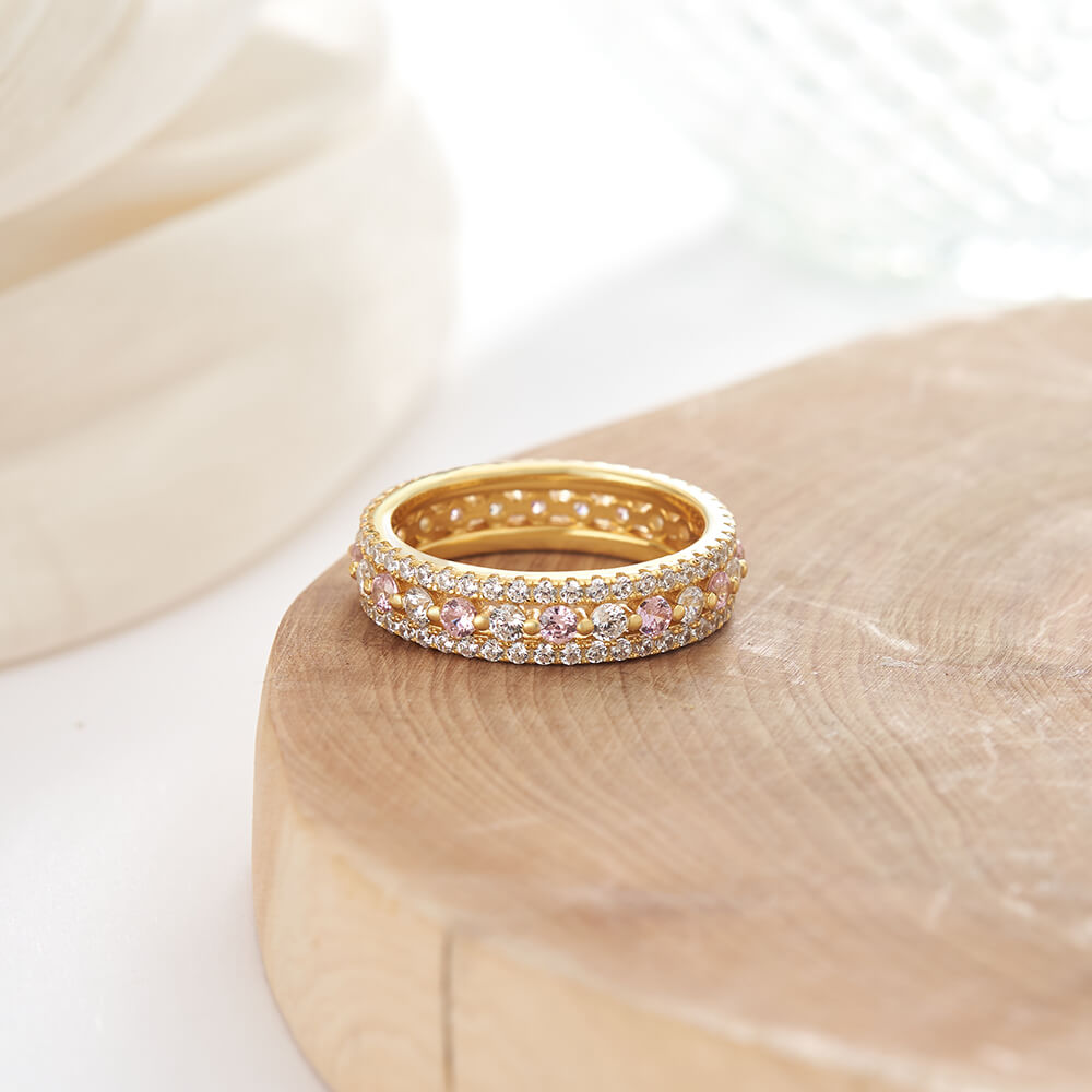 Round Cut Pink and Diamond White 925 Sterling Silver Yellow Gold Wedding Ring