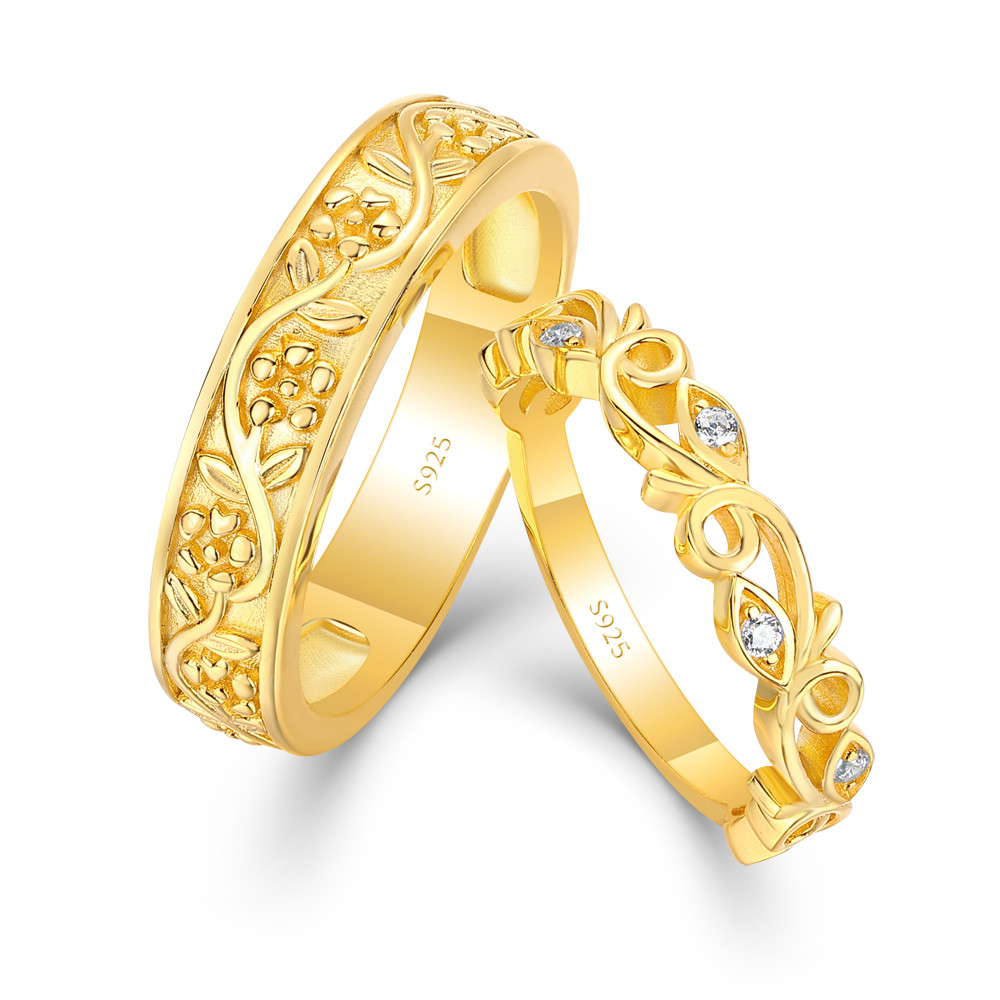 Round Cut Diamond White 925 Sterling Silver Yellow Gold Floral Vine Couple Rings